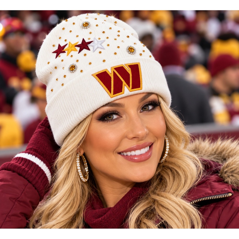 Washington Commanders Women Rhinestone Star Knit Beanie Cream White NFL Fan Gear